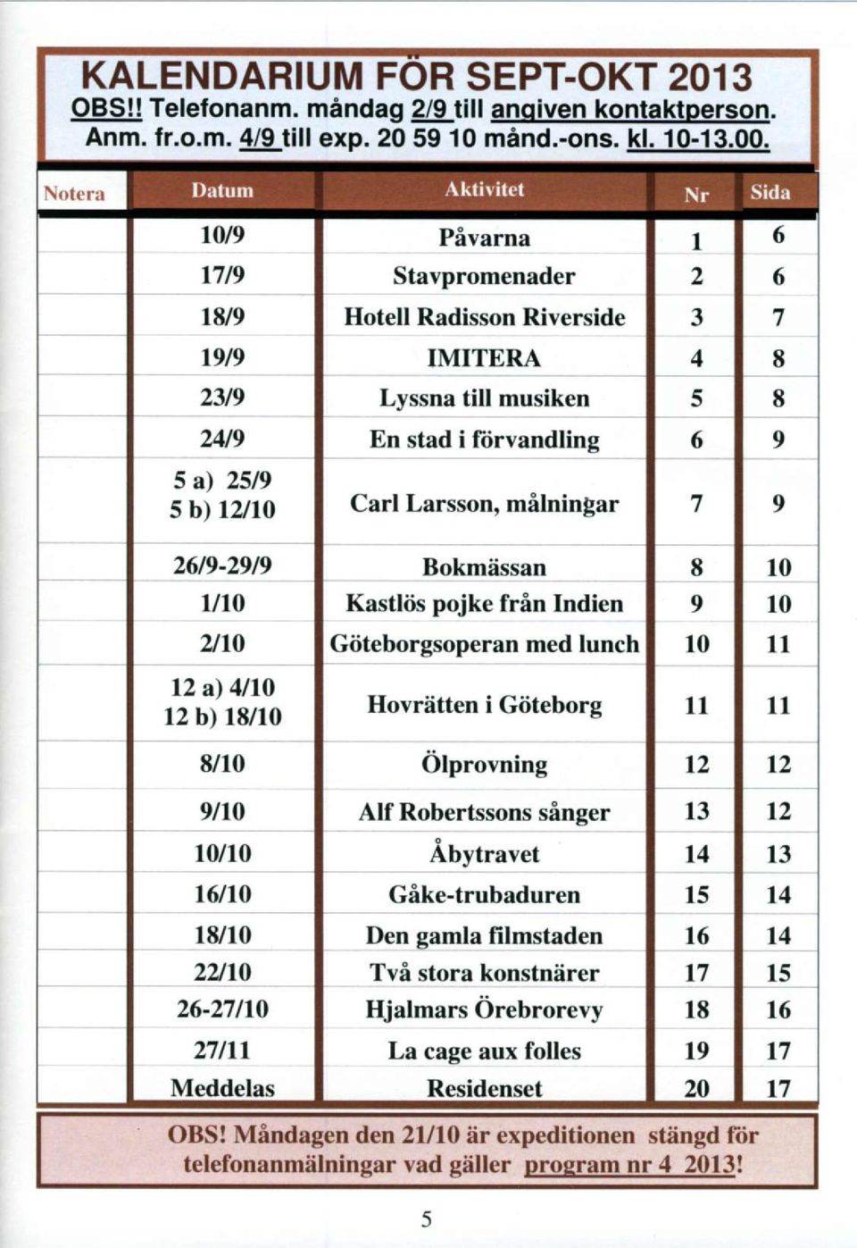 2no 12 a) 4ll0 r2 b) l8/10 8/10 9n0 t0/10 l6110 l8/10 2Ur0 26-27llv 27nl Bokmissan Kastliis pojke frin Indien Giiteborgsoperan med lunch Hovriitten i Giiteborg Alf Robertssons singer
