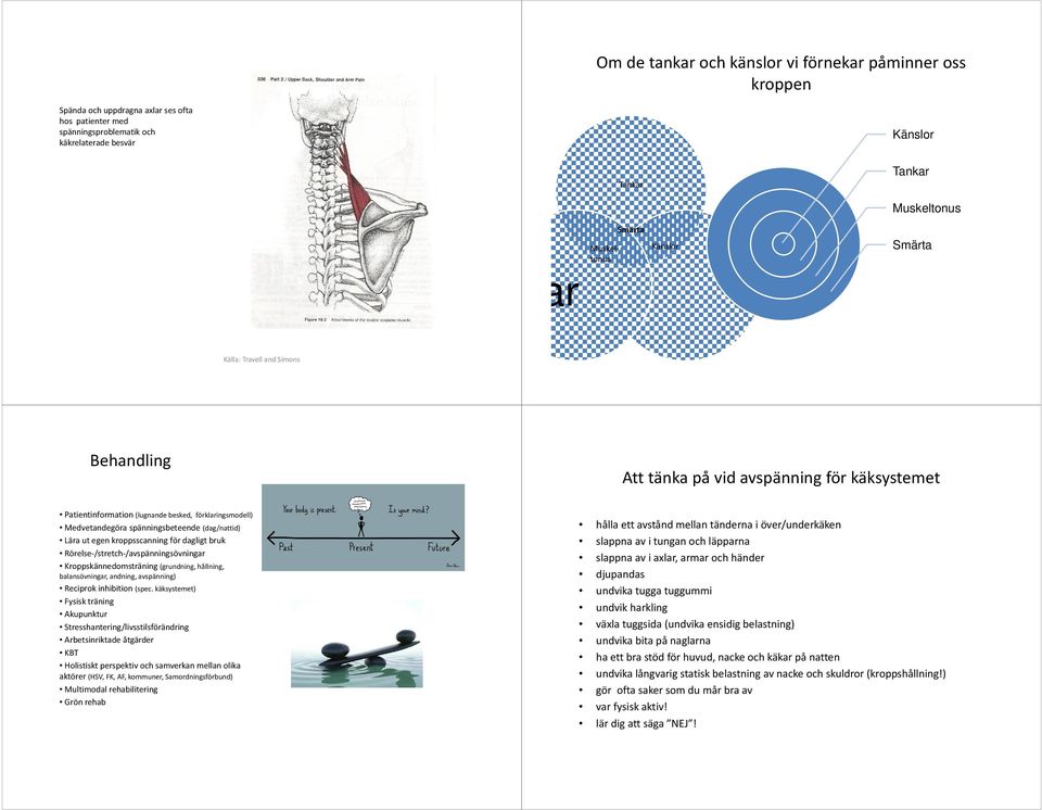 spänningsbeteende (dag/nattid) Lära ut egen kroppsscanning för dagligt bruk Rörelse-/stretch-/avspänningsövningar Kroppskännedomsträning (grundning, hållning, balansövningar, andning, avspänning)