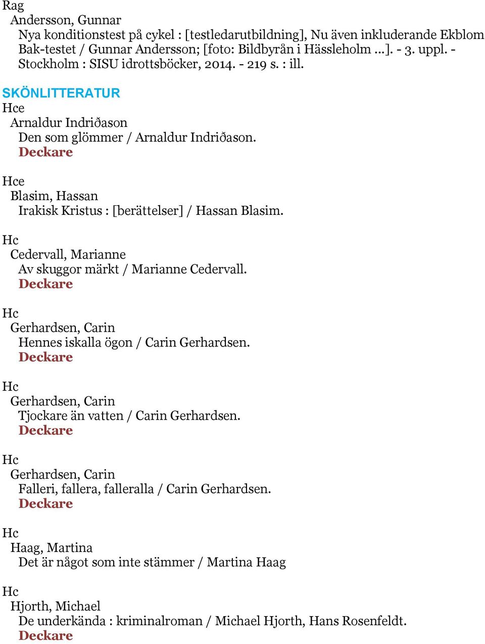 e Blasim, Hassan Irakisk Kristus : [berättelser] / Hassan Blasim. Cedervall, Marianne Av skuggor märkt / Marianne Cedervall. Gerhardsen, Carin Hennes iskalla ögon / Carin Gerhardsen.