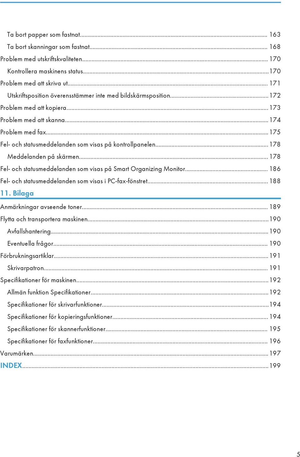 ..175 Fel- och statusmeddelanden som visas på kontrollpanelen...178 Meddelanden på skärmen...178 Fel- och statusmeddelanden som visas på Smart Organizing Monitor.