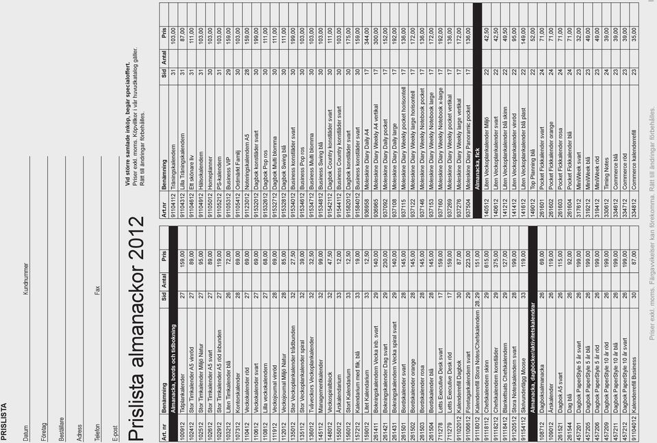 nr Benämning Sid Antal Pris Almanacka, bords och tidbokning 100912 Tidplankalender 27 159,00 102412 Stor Timkalender A5 vinröd 27 89,00 102512 Stor Timkalender Miljö Natur 27 95,00 102612 Stor