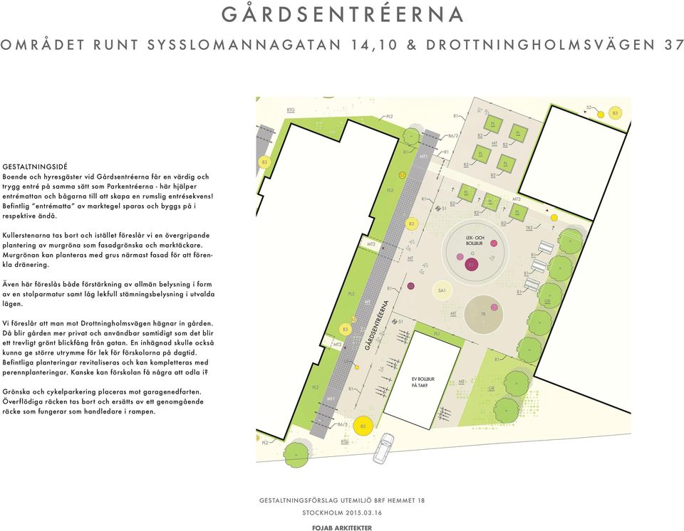 Kullerstenarna tas bort och istället föreslår vi en övergripande plantering av murgröna som fasadgrönska och marktäckare. Murgrönan kan planteras med grus närmast fasad för att förenkla dränering.