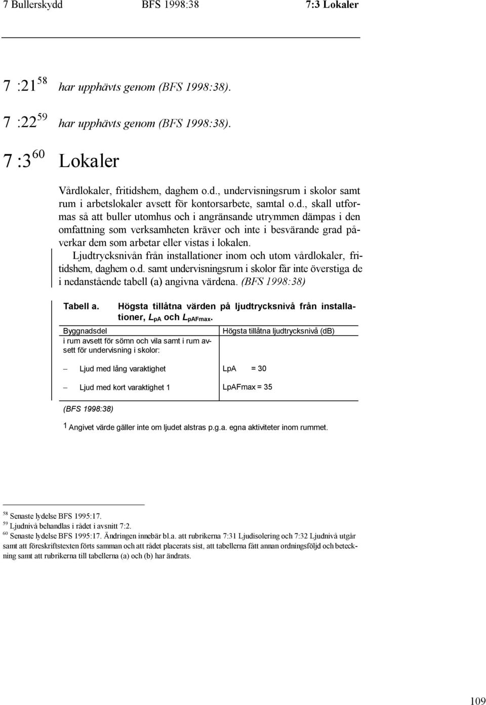 Ljudtrycksnivån från installationer inom och utom vårdlokaler, fritidshem, daghem o.d. samt undervisningsrum i skolor får inte överstiga de i nedanstående tabell (a) angivna värdena. Tabell a.