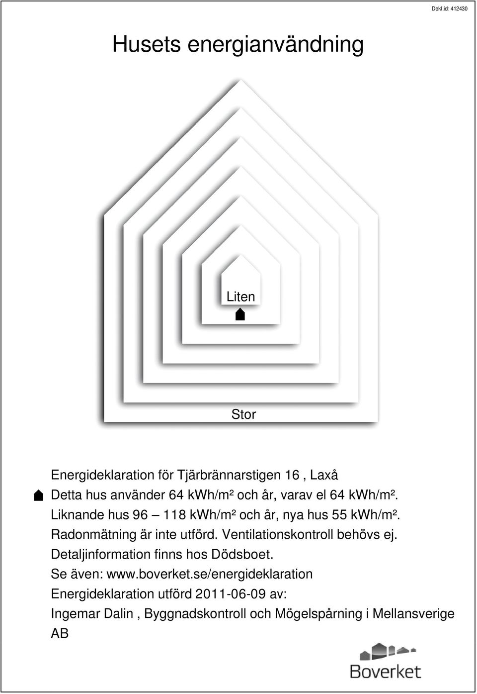 Radonmätning är inte utförd. Ventilationskontroll behövs ej. Detaljinformation finns hos Dödsboet. Se även: www.