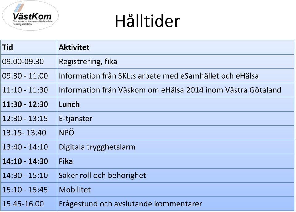 Information från Väskom om ehälsa 2014 inom Västra Götaland 11:30-12:30 Lunch 12:30-13:15 E-tjänster