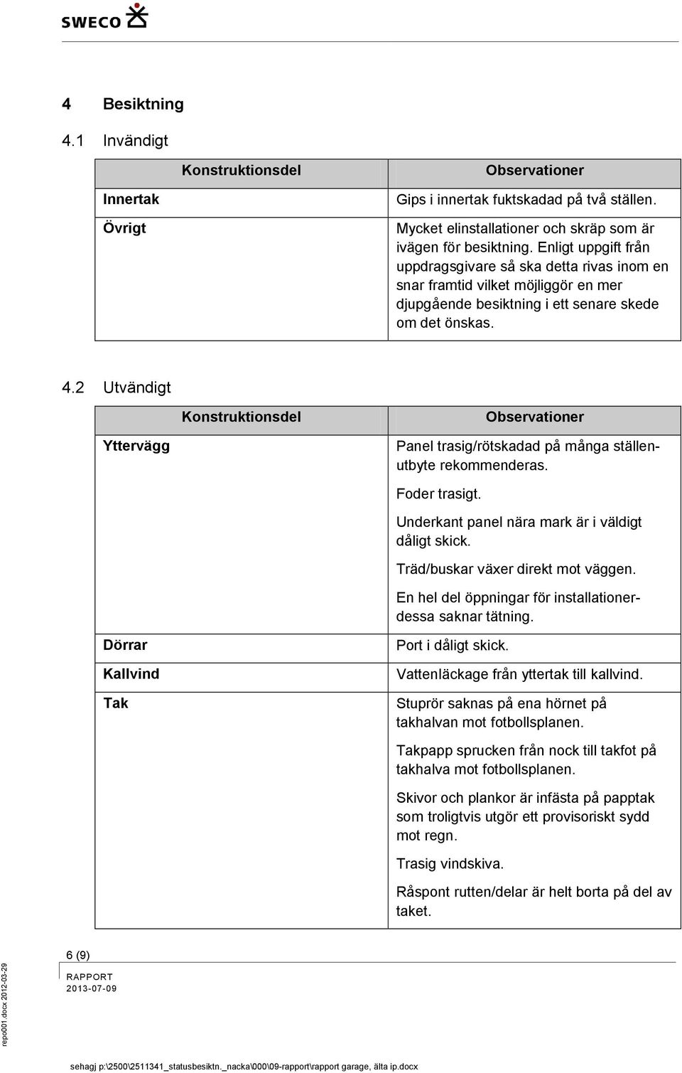 2 Utvändigt Konstruktionsdel Observationer Yttervägg Panel trasig/rötskadad på många ställenutbyte rekommenderas. Foder trasigt. Underkant panel nära mark är i väldigt dåligt skick.