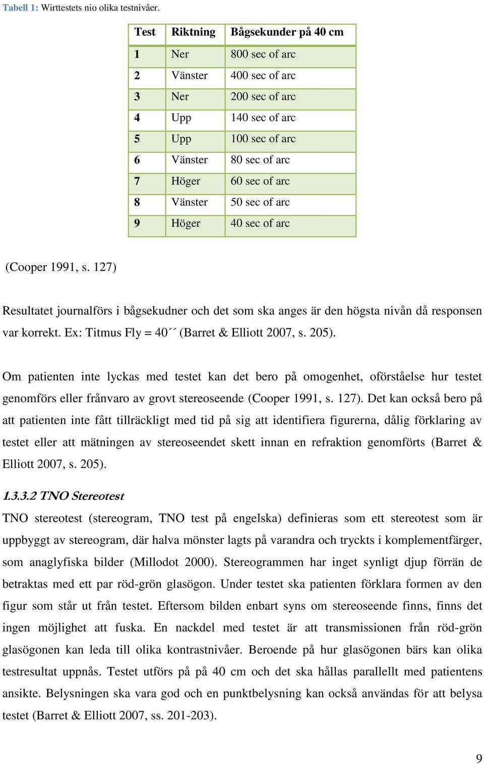 50 sec of arc 9 Höger 40 sec of arc (Cooper 1991, s. 127) Resultatet journalförs i bågsekudner och det som ska anges är den högsta nivån då responsen var korrekt.