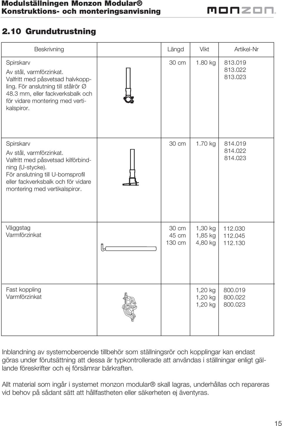 För anslutning till U-bomsprofil eller fackverksbalk och för vidare montering med vertikalspiror. 30 cm 1.70 kg 814.019 814.022 814.