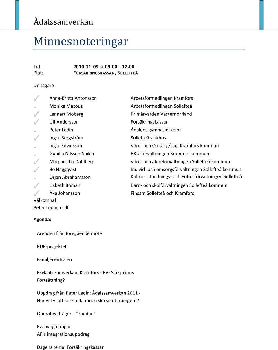 Andersson Försäkringskassan - Peter Ledin Ådalens gymnasieskolor 3 Inger Bergström Sollefteå sjukhus Inger Edvinsson Vård- och Omsorg/soc, Kramfors kommun - - Gunilla Nilsson-Suikki BKU-förvaltningen