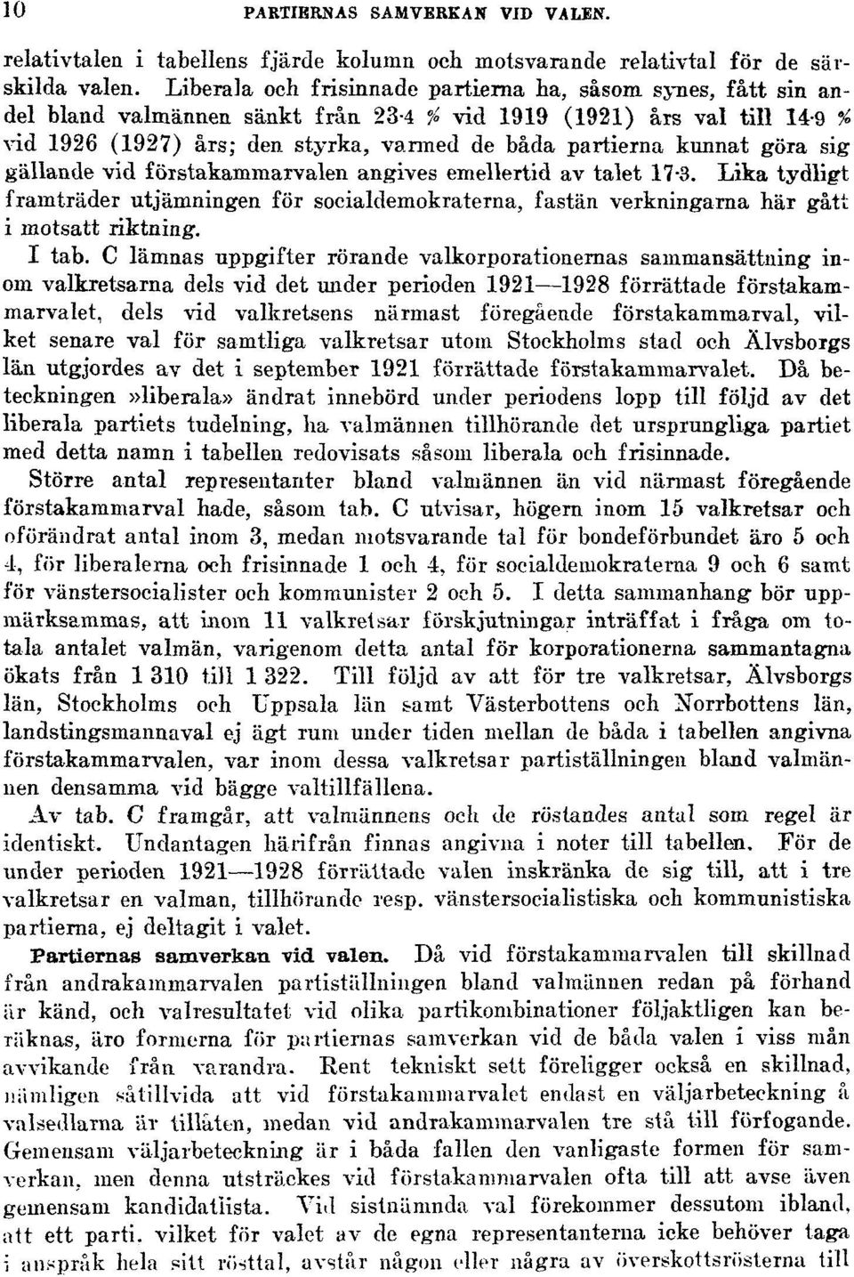 kunnat göra sig gällande vid föistakammarvalen angives emellertid av talet 17-3. Lika tydligt framträder utjämningen för socialdemokraterna, fastän verkningarna här gått i motsatt riktning. I tab.