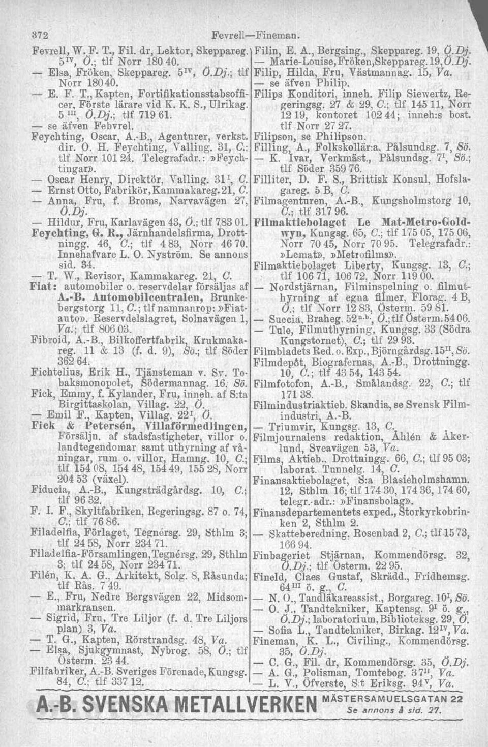 , Kapten, Fortifikationsstabsoffi- Filips Konditori, inneh, Filip Siewertz, Recer, Förste lärare vid K. K. S., Ulrikag. geringsg. 27 & 29, G.; tlf 14511, Norr 5 III, O.Dj.; tlf 719 61.