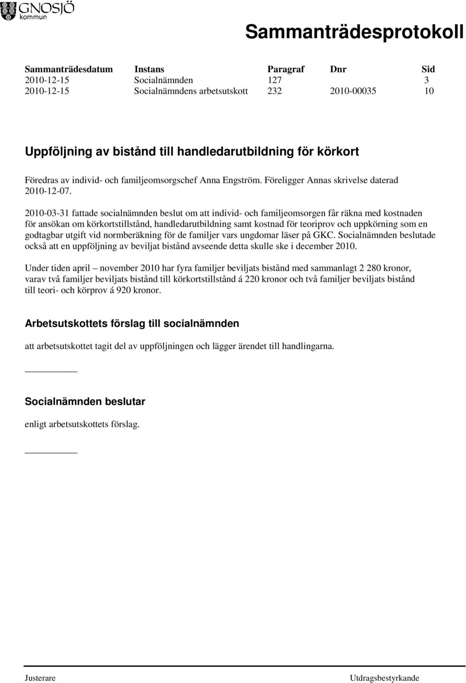 2010-03-31 fattade socialnämnden beslut om att individ- och familjeomsorgen får räkna med kostnaden för ansökan om körkortstillstånd, handledarutbildning samt kostnad för teoriprov och uppkörning som