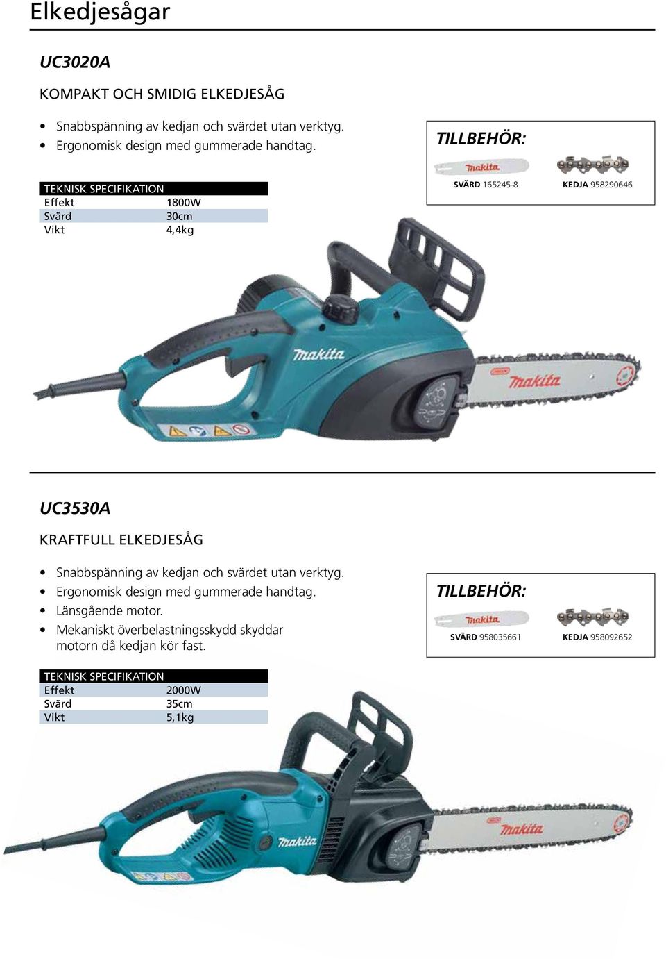 Effekt 1800W Svärd 30cm 4,4kg SVÄRD 165245-8 KEDJA 958290646 UC3530A KRAFTFULL ELKEDJESÅG Snabbspänning av kedjan