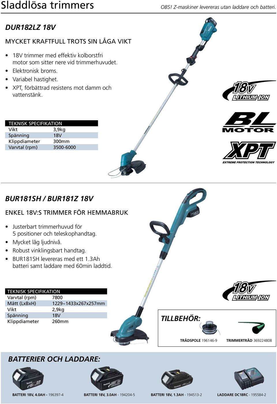 3,9kg Spänning 18V Klippdiameter 300mm Varvtal (rpm) 3500-6000 BUR181SH / BUR181Z 18V ENKEL 18V:S TRIMMER FÖR HEMMABRUK Justerbart trimmerhuvud för 5 positioner och teleskophandtag.