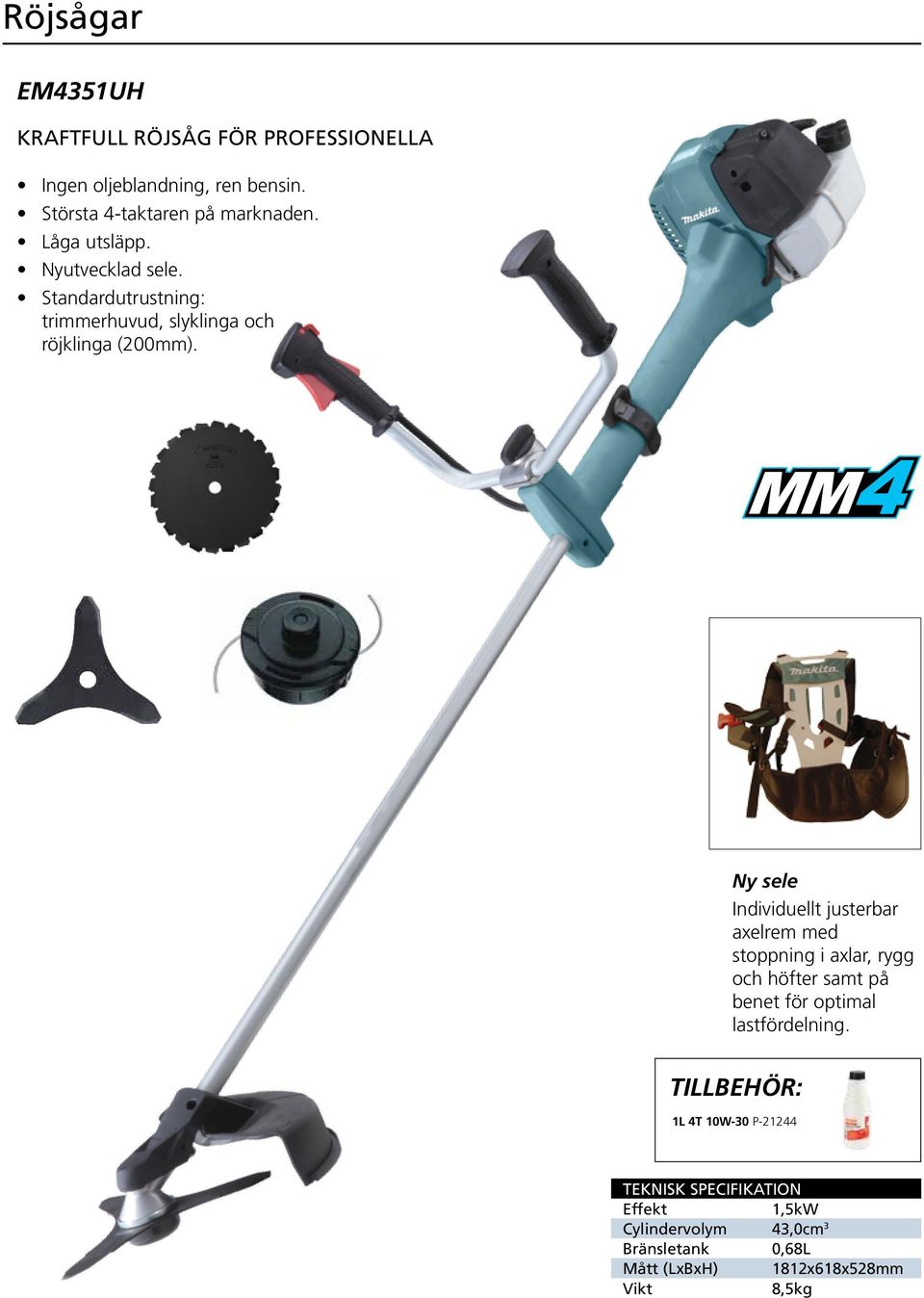 Standardutrustning: trimmerhuvud, slyklinga och röjklinga (200mm).