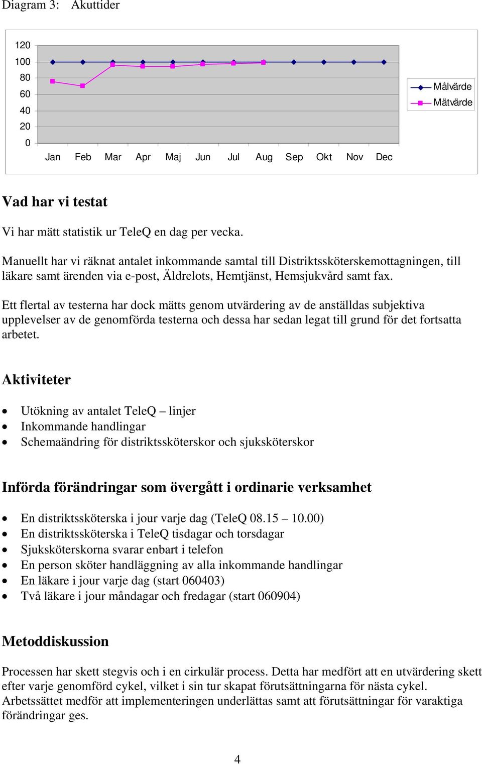 Ett flertal av testerna har dock mätts genom utvärdering av de anställdas subjektiva upplevelser av de genomförda testerna och dessa har sedan legat till grund för det fortsatta arbetet.