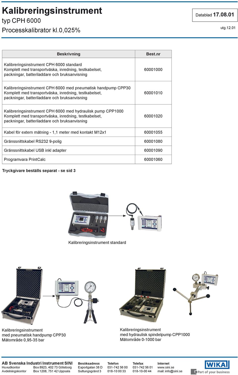 Kalibreringsinstrument CPH 6000 med hydraulisk pump CPP1000 Komplett med transportväska, inredning, testkabelset, packningar, batteriladdare och bruksanvisning 60001020 Kabel för extern mätning - 1,1