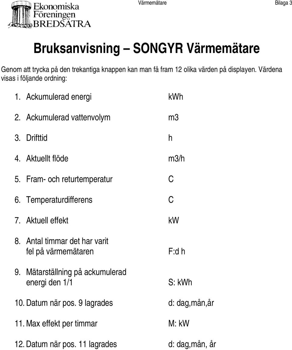 Fram- och returtemperatur C 6. Temperaturdifferens C 7. Aktuell effekt kw 8. Antal timmar det har varit fel på värmemätaren 9.