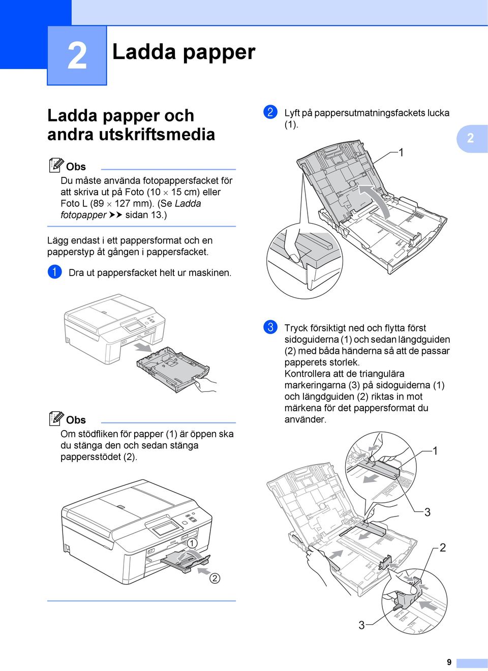 a Dra ut pappersfacket helt ur maskinen. Obs Om stödfliken för papper (1) är öppen ska du stänga den och sedan stänga pappersstödet (2).