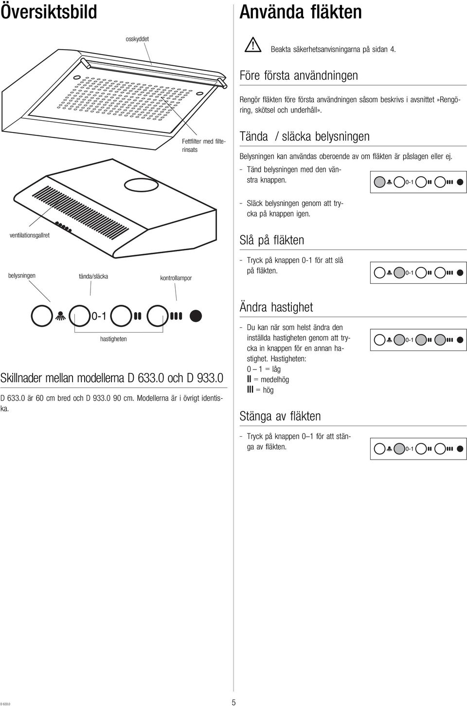 Fettfilter med filterinsats Tända / släcka belysningen Belysningen kan användas oberoende av om fläkten är påslagen eller ej. Tänd belysningen med den vänstra knappen.
