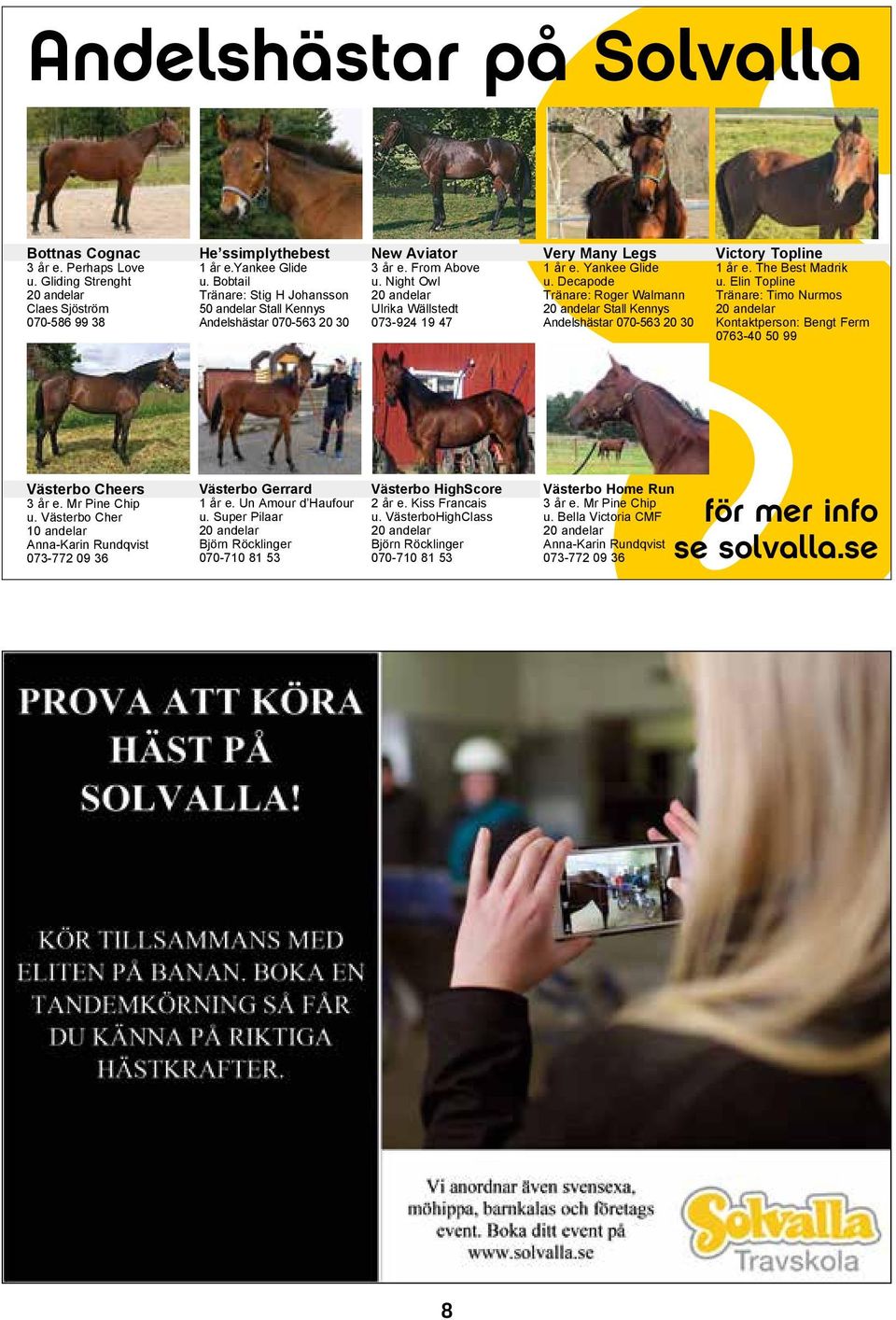Yankee Glide u. Decapode Tränare: Roger Walmann 20 andelar Stall Kennys Andelshästar 070-563 20 30 Victory Topline 1 år e. The Best Madrik u.