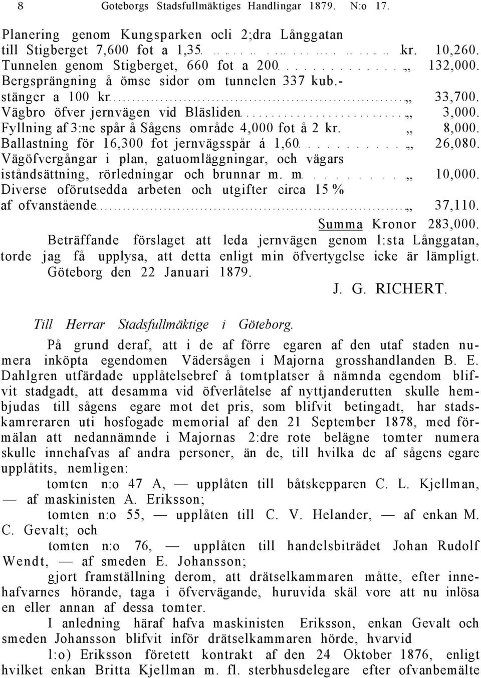 Ballastning för 16,300 fot jernvägsspår á 1,60 26,080. Vägöfvergångar i plan, gatuomläggningar, och vägars iståndsättning, rörledningar och brunnar m. m 10,000.