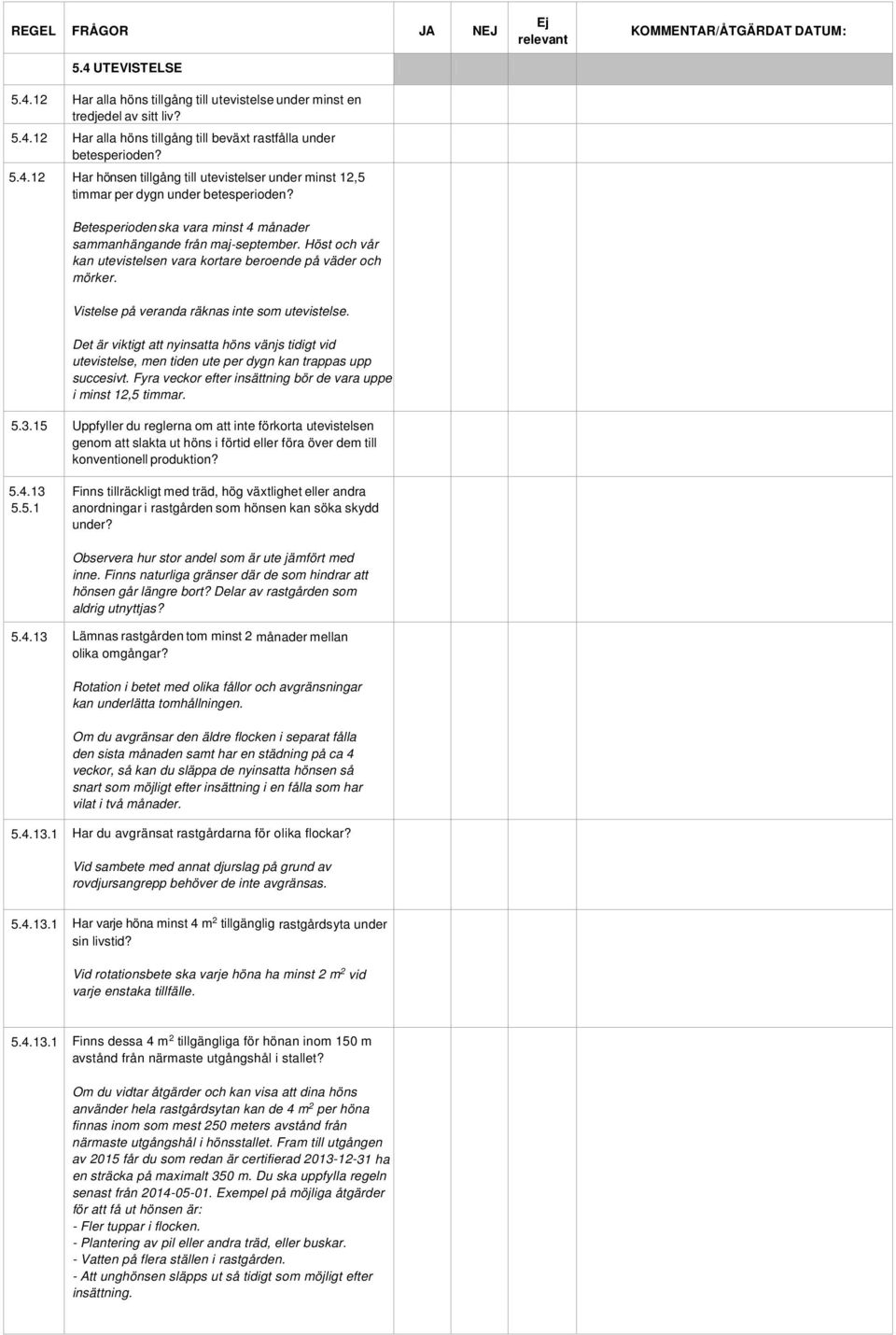 Det är viktigt att nyinsatta höns vänjs tidigt vid utevistelse, men tiden ute per dygn kan trappas upp succesivt. Fyra veckor efter insättning bör de vara uppe i minst 12,5 timmar. 5.3.