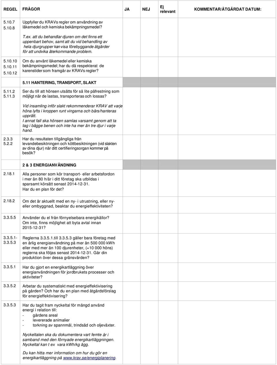 10 5.10.11 5.10.12 Om du använt läkemedel eller kemiska bekämpningsmedel; har du då respekterat de karenstider som framgår av KRAVs regler? 5.11 HANTERING, TRANSPORT, SLAKT 5.11.2 5.11.3 Ser du till att hönsen utsätts för så lite påfrestning som möjligt när de lastas, transporteras och lossas?