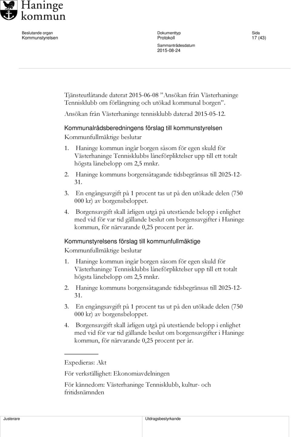 Haninge kommun ingår borgen såsom för egen skuld för Västerhaninge Tennisklubbs låneförpliktelser upp till ett totalt högsta lånebelopp om 2,