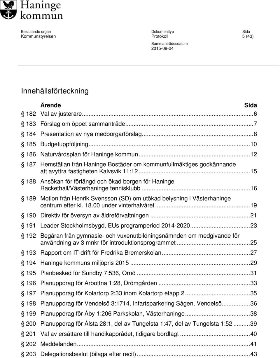 .. 15 188 Ansökan för förlängd och ökad borgen för Haninge Rackethall/Västerhaninge tennisklubb... 16 189 Motion från Henrik Svensson (SD) om utökad belysning i Västerhaninge centrum efter kl. 18.00 under vinterhalvåret.