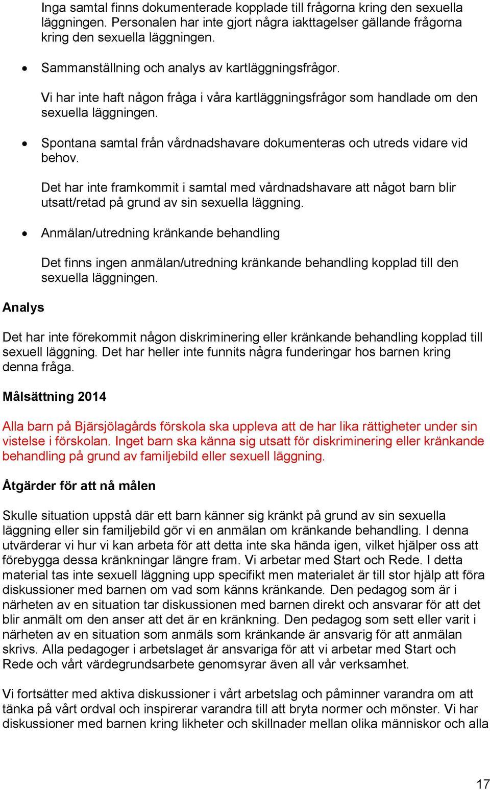 Spontana samtal från vårdnadshavare dokumenteras och utreds vidare vid behov. Det har inte framkommit i samtal med vårdnadshavare att något barn blir utsatt/retad på grund av sin sexuella läggning.