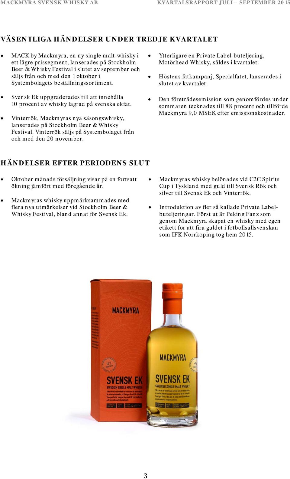 Vinterrök, Mackmyras nya säsongswhisky, lanserades på Stockholm Beer & Whisky Festival. Vinterrök säljs på Systembolaget från och med den 20 november.