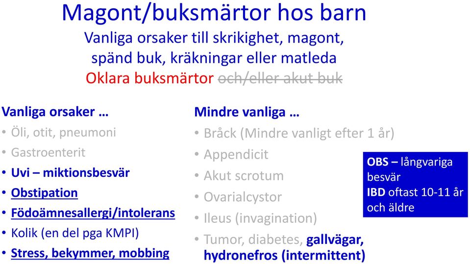 Kolik (en del pga KMPI) Stress, bekymmer, mobbing Mindre vanliga Bråck (Mindre vanligt efter 1 år) Appendicit Akut scrotum