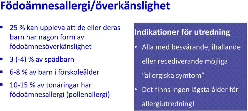 tonåringar har födoämnesallergi (pollenallergi) Indikationer för utredning Alla med