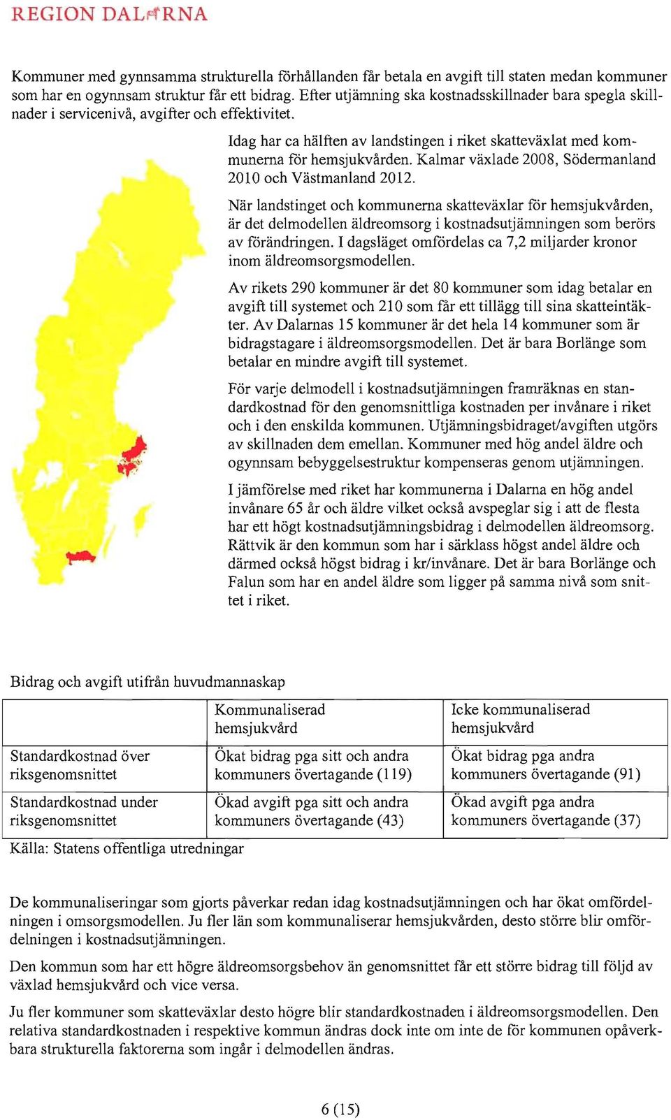 f Idag har ca hälften av landstingen i riket skatteväxlat med kommunerna för hemsjukvården. Kalmar växlade 2008, Södermanland 2010 och Västmanland 2012.