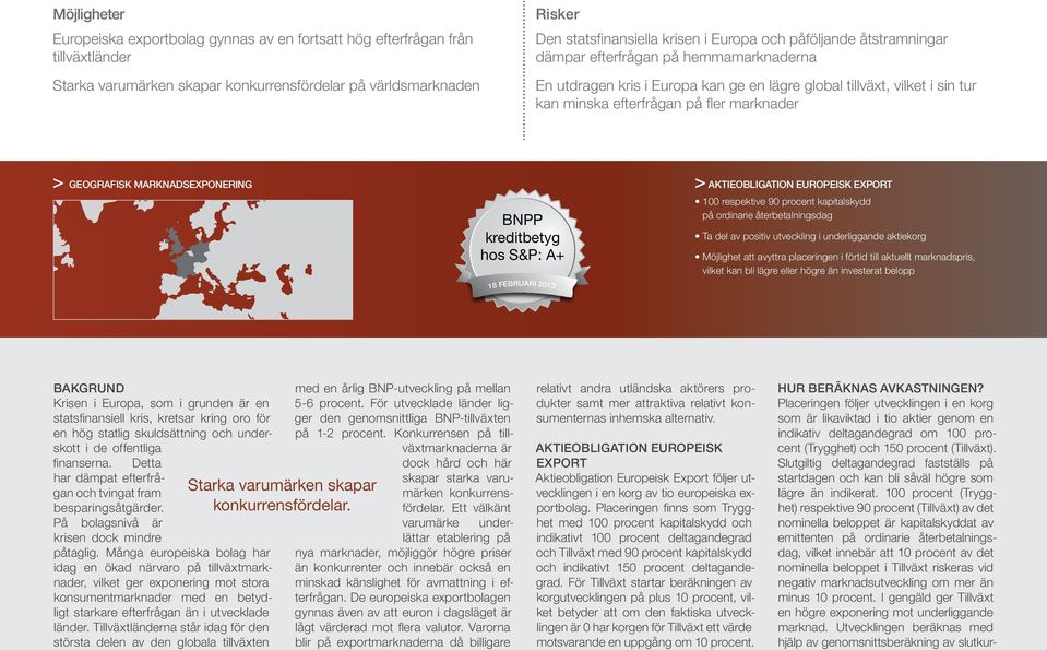 MARKNADSEXPONERING > Aktieobligation Europeisk Export BNPP kreditbetyg hos S&P: A+ 18 februari 2013 100 respektive 90 procent kapitalskydd på ordinarie återbetalningsdag Ta del av positiv utveckling