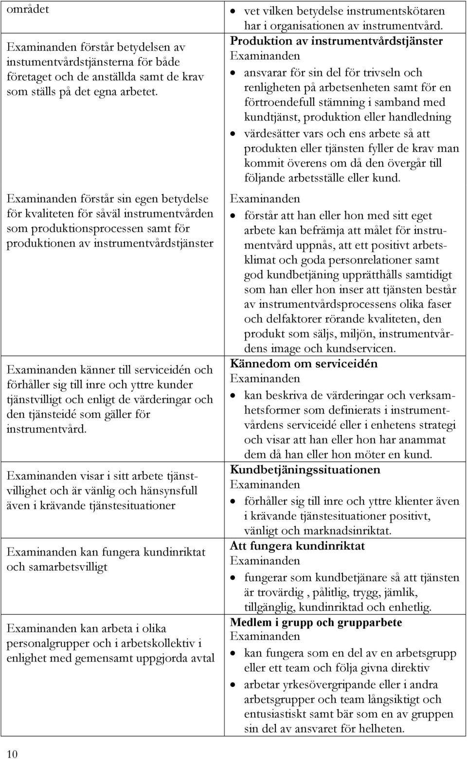 yttre kunder tjänstvilligt och enligt de värderingar och den tjänsteidé som gäller för instrumentvård.