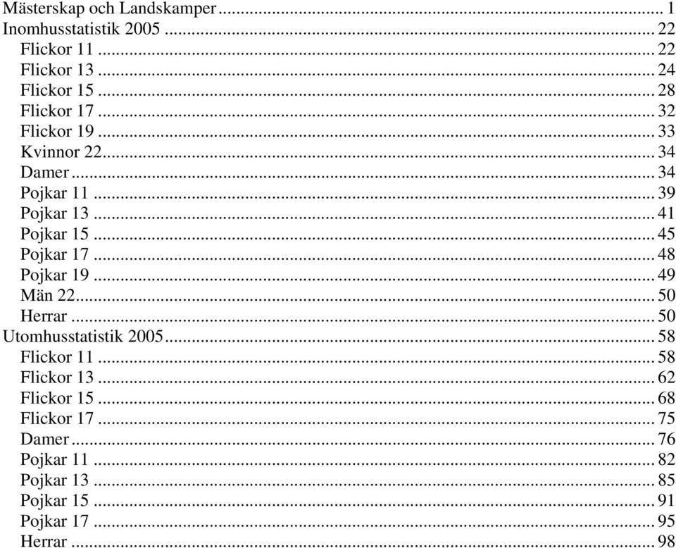 .. 45 Pojkar 17... 48 Pojkar 19... 49 Män 22... 50 Herrar... 50 Utomhusstatistik 2005... 58 Flickor 11.