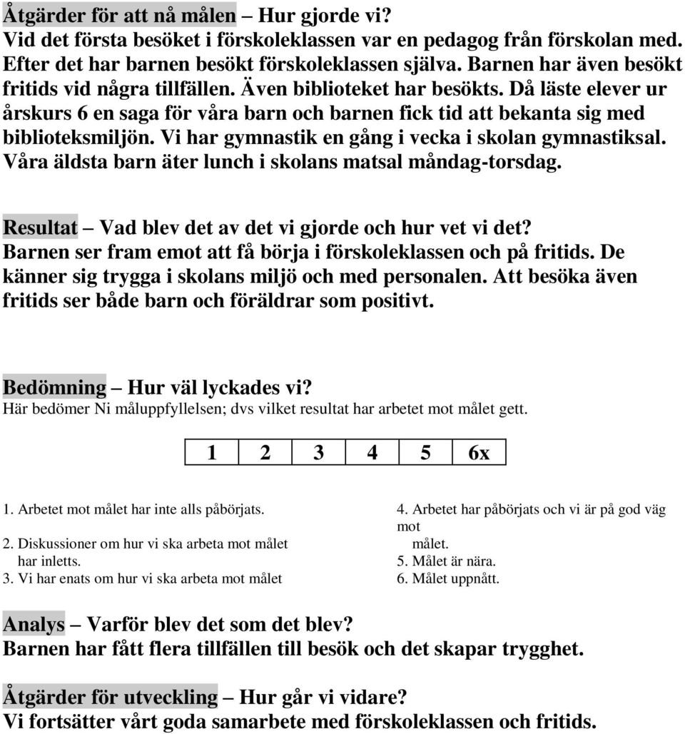 Vi har gymnastik en gång i vecka i skolan gymnastiksal. Våra äldsta barn äter lunch i skolans matsal måndag-torsdag. Resultat Vad blev det av det vi gjorde och hur vet vi det?