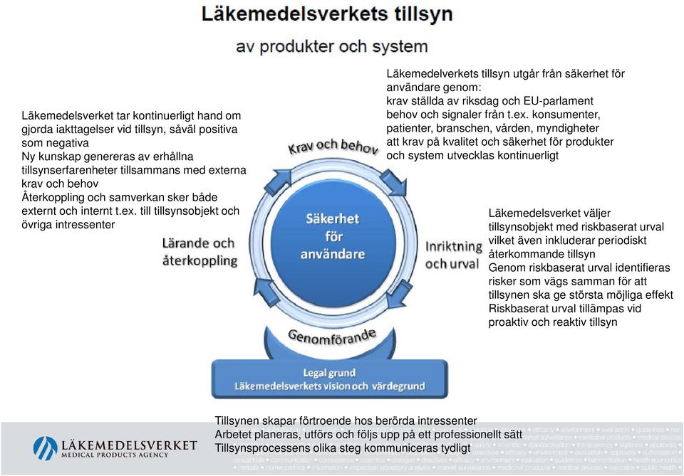 ernt och internt t.ex. till tillsynsobjekt och övriga intressenter Läkemedelverkets tillsyn utgår från säkerhet för användare genom: krav ställda av riksdag och EU-parlament behov och signaler från t.