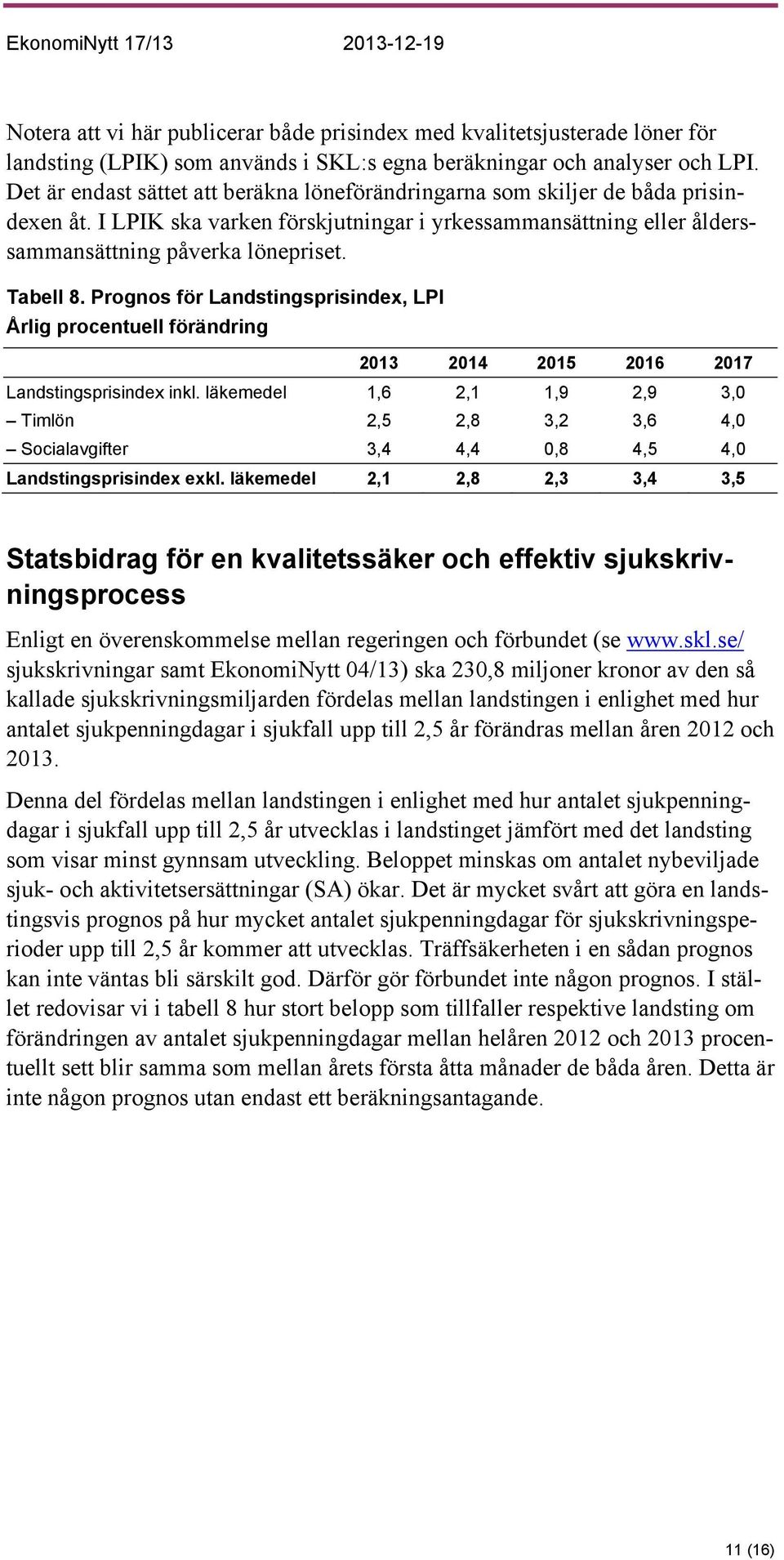 Prognos för Landstingsprisindex, LPI Årlig procentuell förändring 2013 2014 2015 2016 2017 Landstingsprisindex inkl.