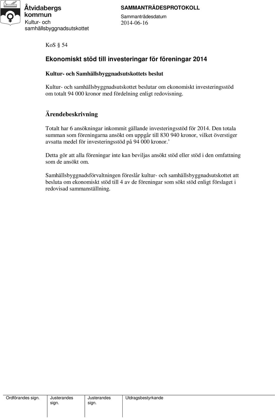 Den totala summan som föreningarna ansökt om uppgår till 830 940 kronor, vilket överstiger avsatta medel för investeringsstöd på 94 000 kronor.