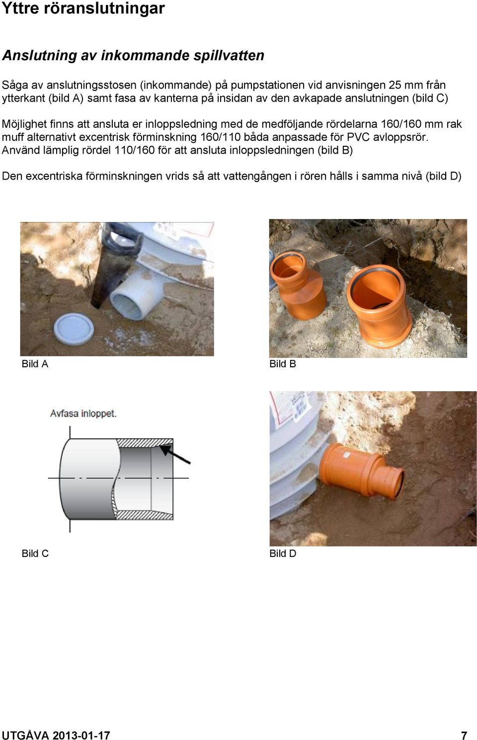 rördelarna 160/160 mm rak muff alternativt excentrisk förminskning 160/110 båda anpassade för PVC avloppsrör.