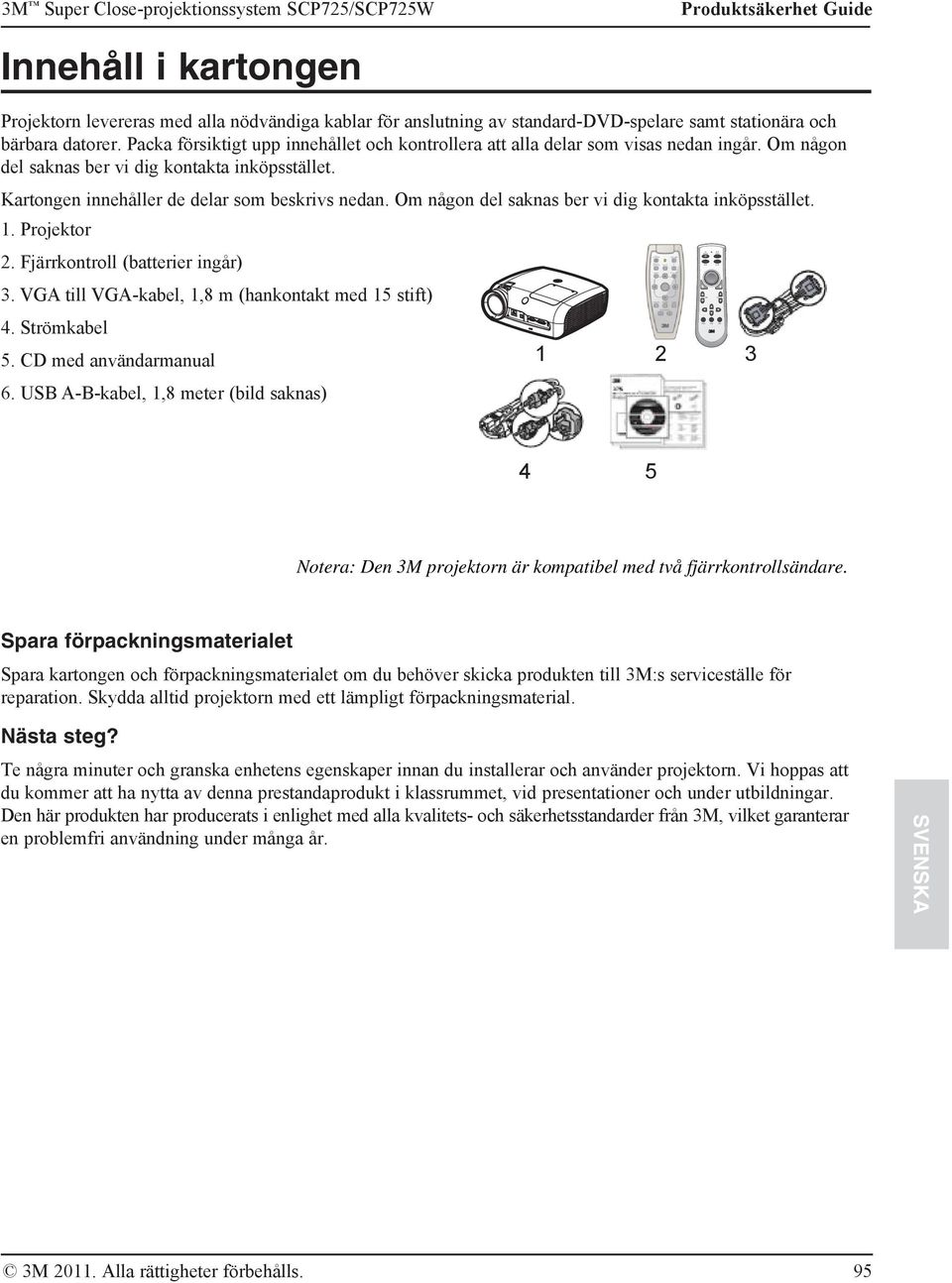 Om någon del saknas ber vi dig kontakta inköpsstället. Kartongen innehåller de delar som beskrivs nedan. Om någon del saknas ber vi dig kontakta inköpsstället. 1. Projektor 2.