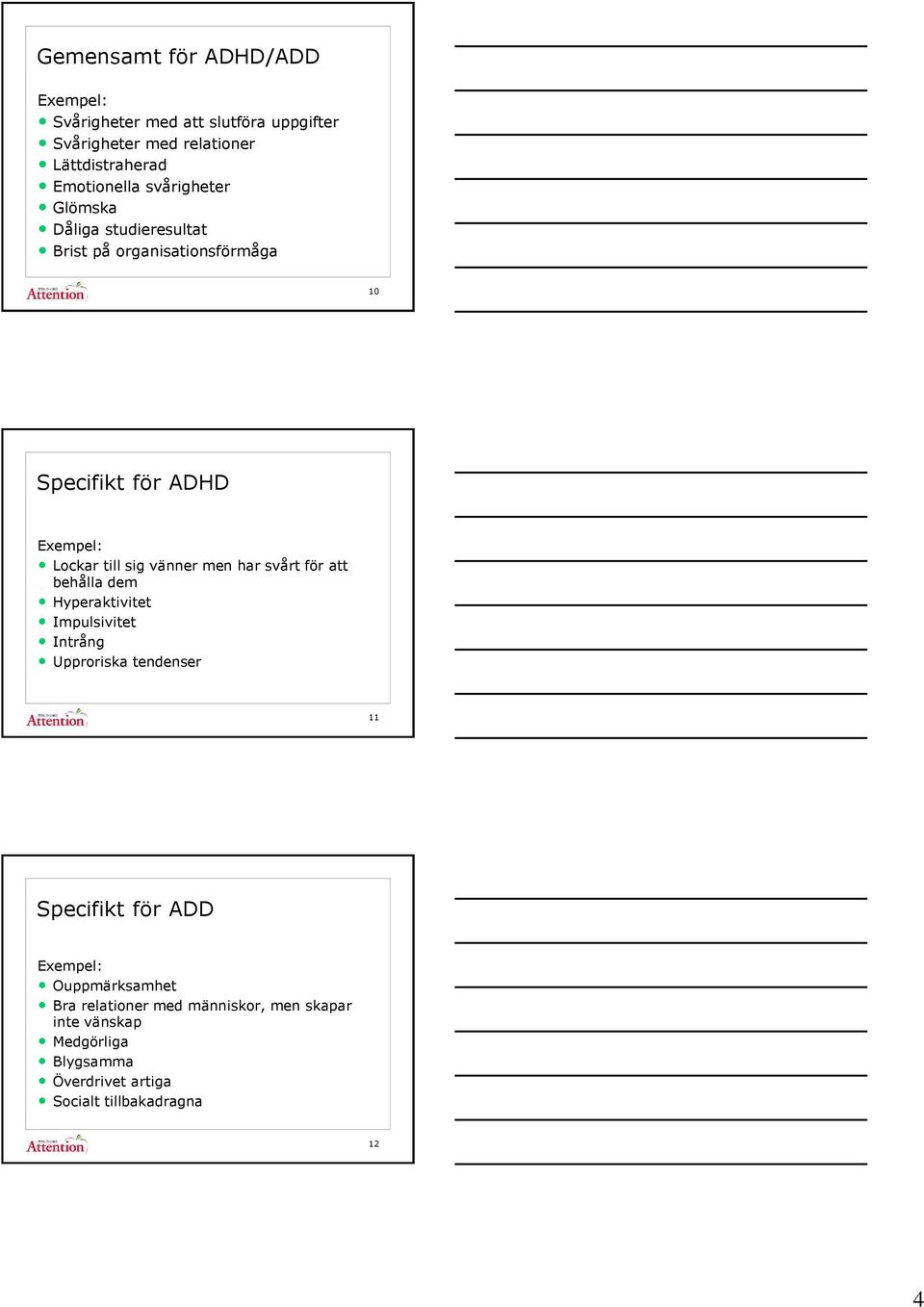 men har svårt för att behålla dem Hyperaktivitet Impulsivitet Intrång Upproriska tendenser 11 Specifikt för ADD Exempel: