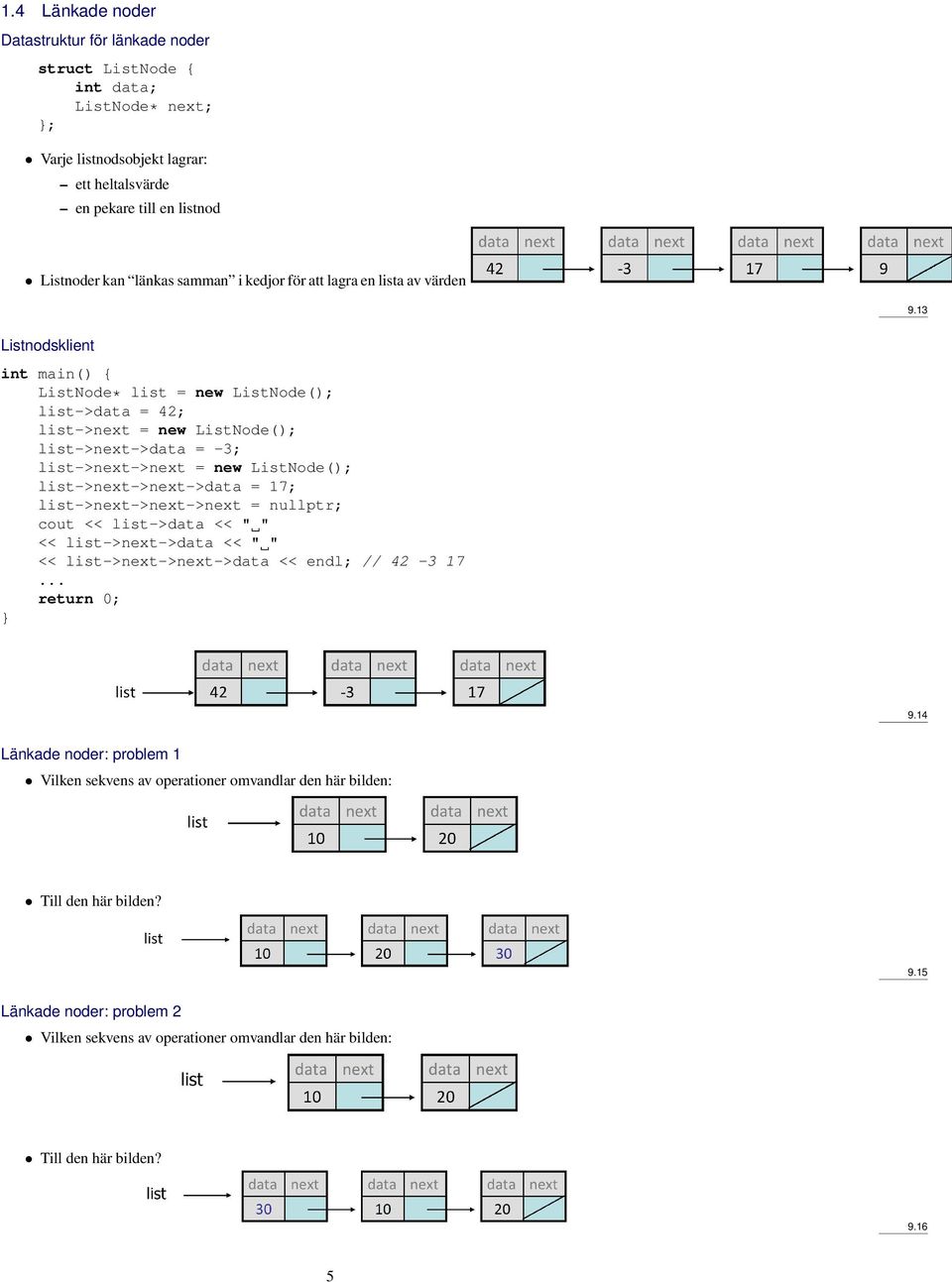 13 Listnodsklient int main() { ListNode* list = new ListNode(); list->data = 42; list->next = new ListNode(); list->next->data = -3; list->next->next = new ListNode(); list->next->next->data = 17;