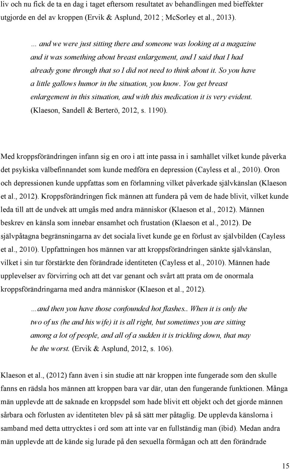 So you have a little gallows humor in the situation, you know. You get breast enlargement in this situation, and with this medication it is very evident. (Klaeson, Sandell & Berterö, 2012, s. 1190).