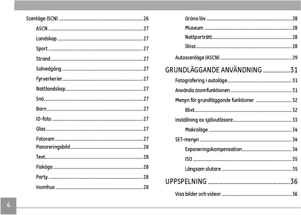 .. 28 Autoscenläge (ASCN)... 29 GRUNDLÄGGANDE ANVÄNDNING...31 Fotografering i autoläge... 31 Använda zoomfunktionen... 31 Menyn för grundläggande funktioner... 32 Blixt.