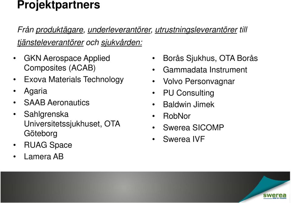 Aeronautics Sahlgrenska Universitetssjukhuset, it t t OTA Göteborg RUAG Space Lamera AB Borås Sjukhus,