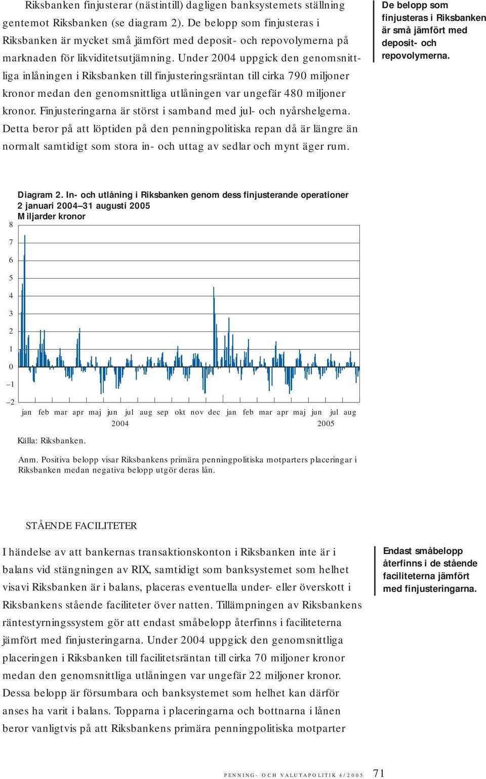 Under 2004 uppgick den genomsnittliga inlåningen i Riksbanken till finjusteringsräntan till cirka 790 miljoner kronor medan den genomsnittliga utlåningen var ungefär 480 miljoner kronor.